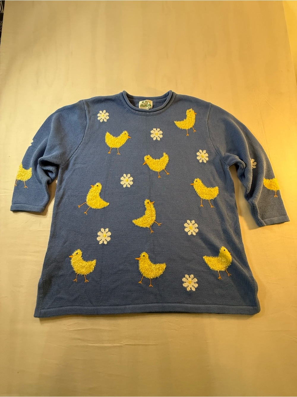Quacker Factory Blue Crewneck Sweater with Yellow Chick and White Daisy Motifs